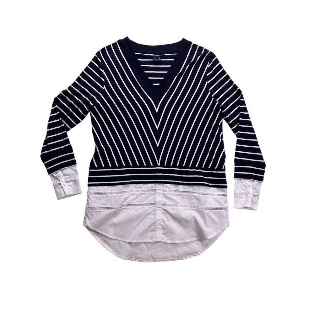 French Connection Layered Look Top Women Small Navy White Striped Mixed Media